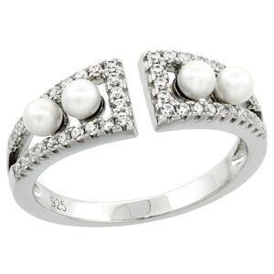 Sterling Silver 4 Pearl Ring for Women Cubic Zirconia Accent 1/4 inch 6 7 8 9